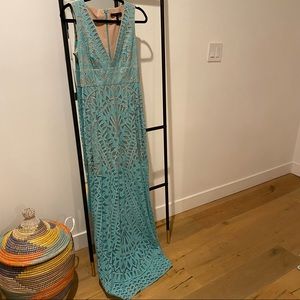 BCBG nude panel floor length gown